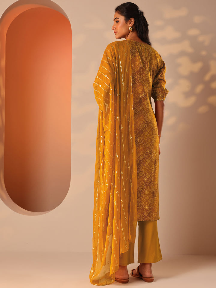 Mustard Printed Silk Blend Straight Suit Set With Dupatta