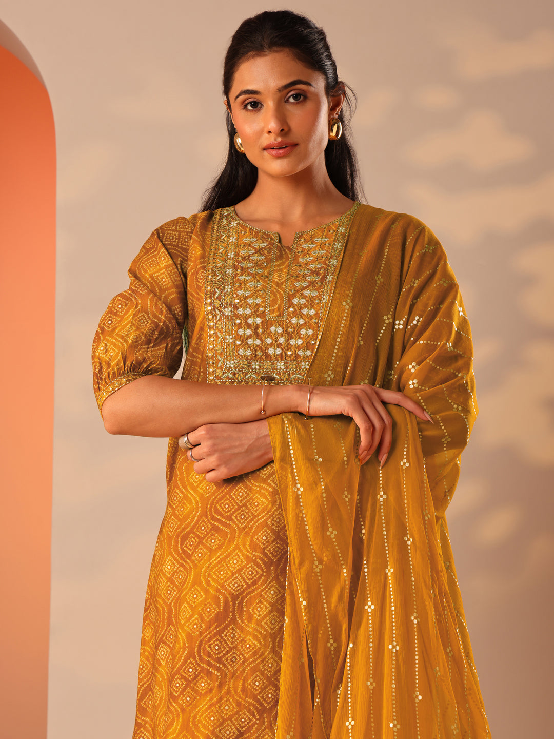 Mustard Printed Silk Blend Straight Suit Set With Dupatta