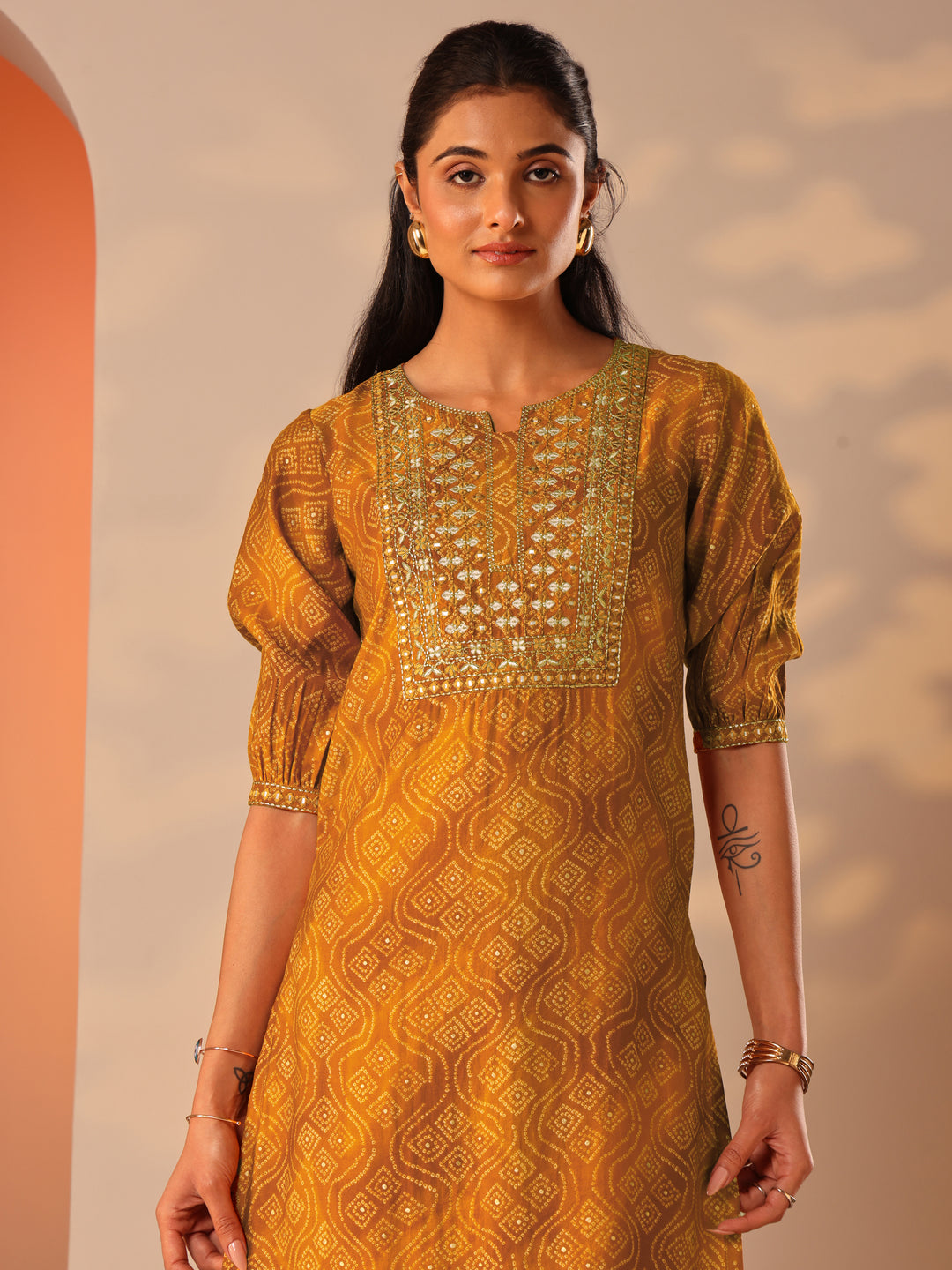 Mustard Printed Silk Blend Straight Suit Set With Dupatta