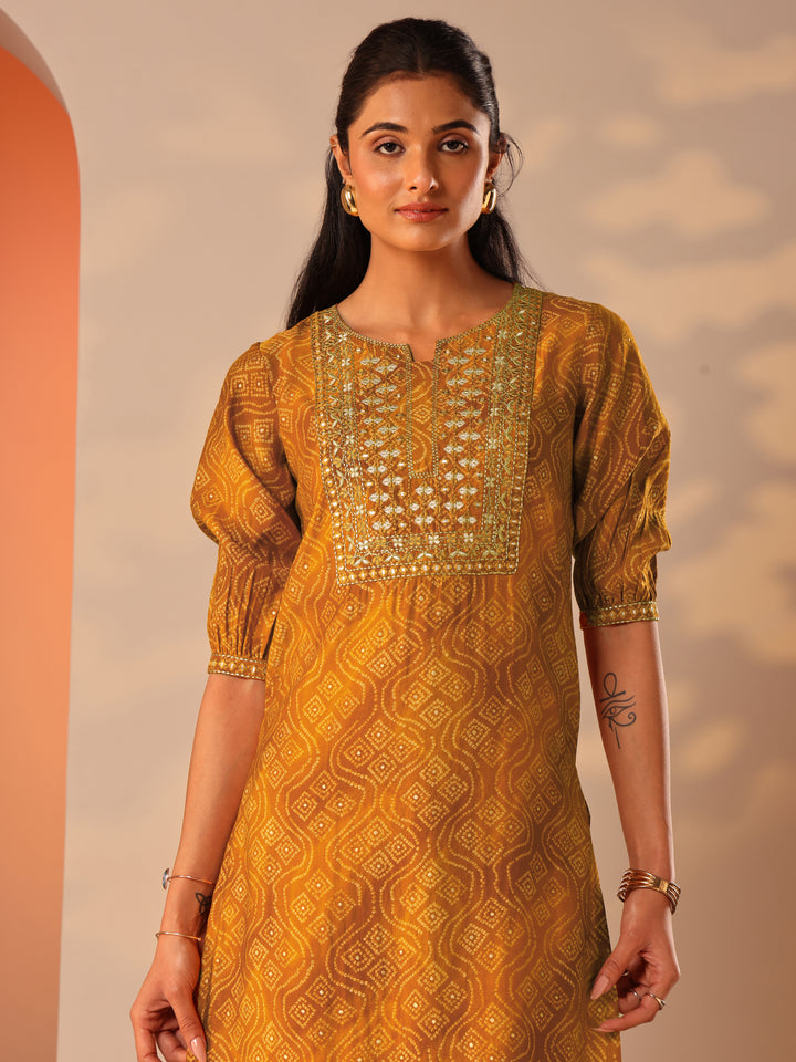 Mustard Printed Silk Blend Straight Suit Set With Dupatta