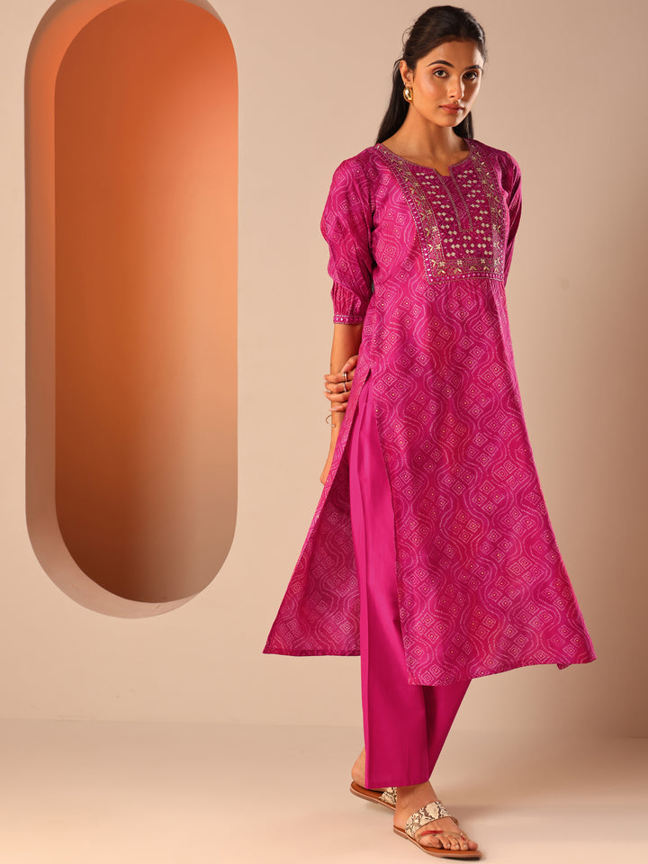 Pink Printed Silk Blend Straight Suit Set With Dupatta