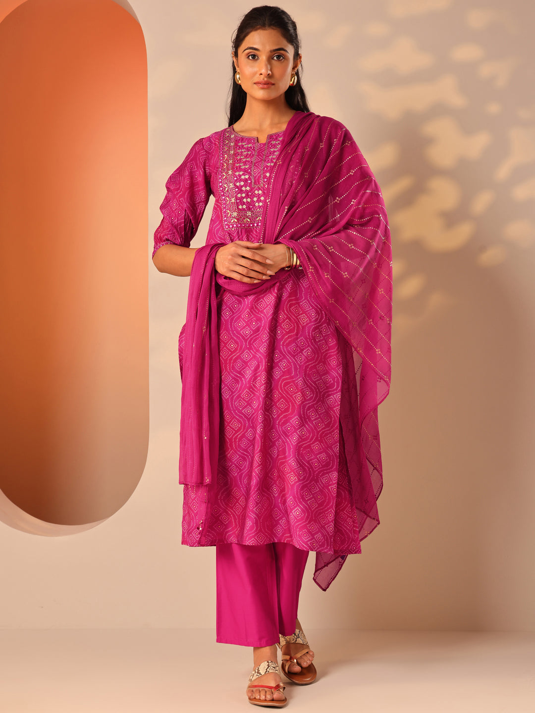 Pink Printed Silk Blend Straight Suit Set With Dupatta