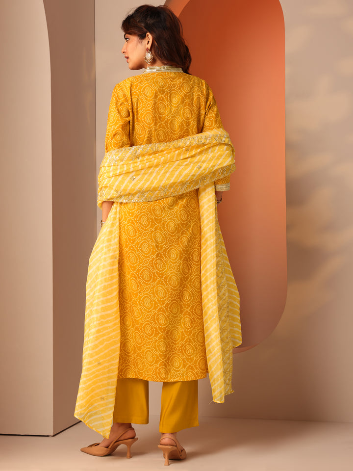 Yellow Printed Silk Blend Straight Suit Set With Dupatta