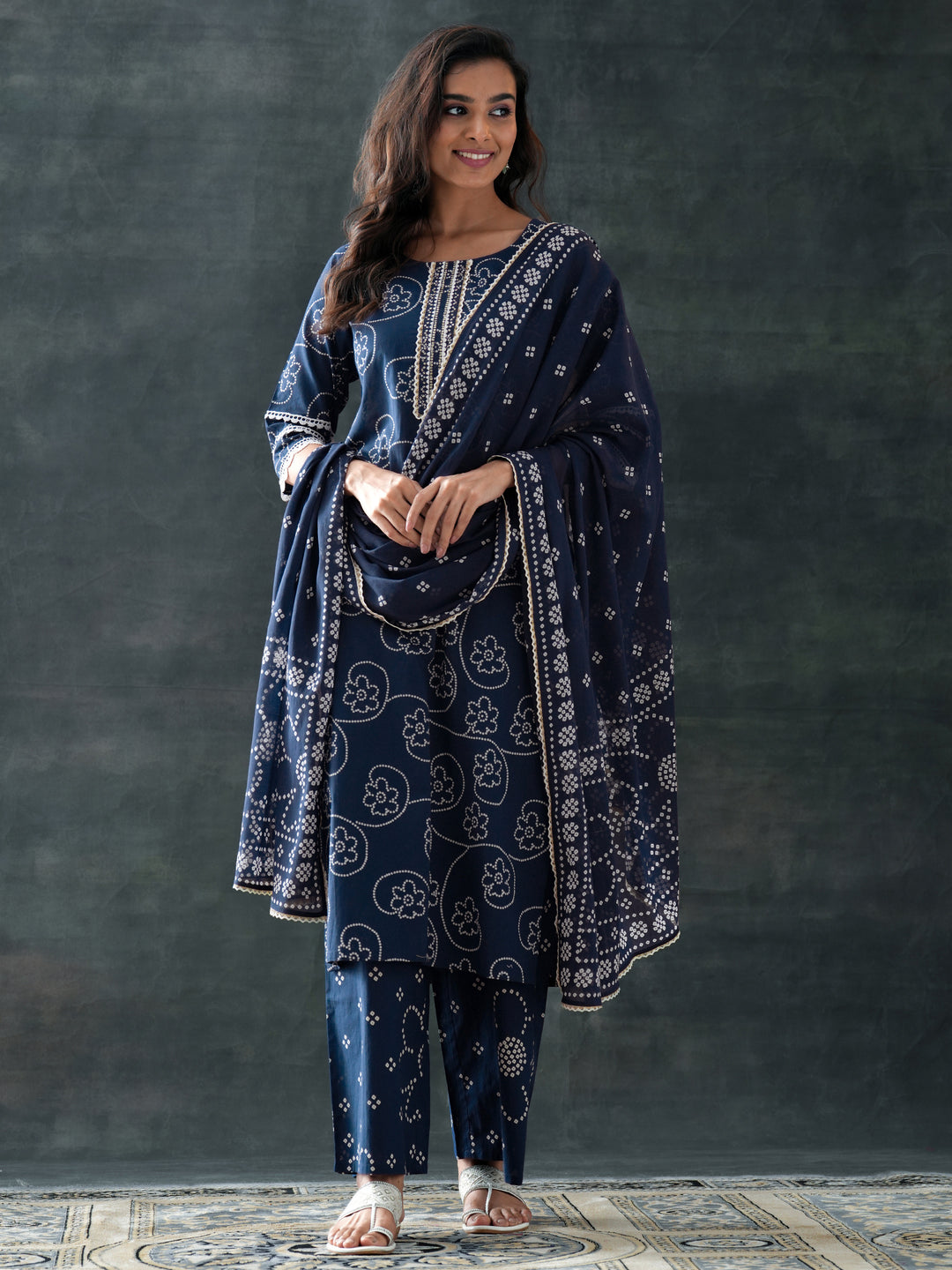Blue Printed Cotton Straight Suit Set With Dupatta