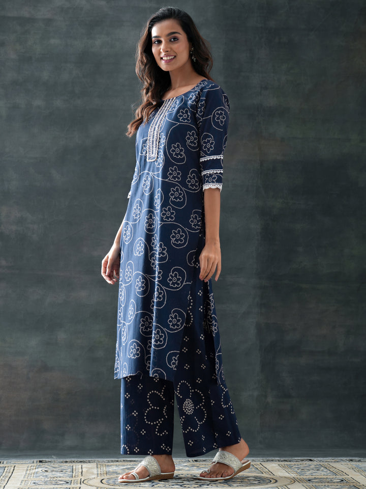 Blue Printed Cotton Straight Suit Set With Dupatta