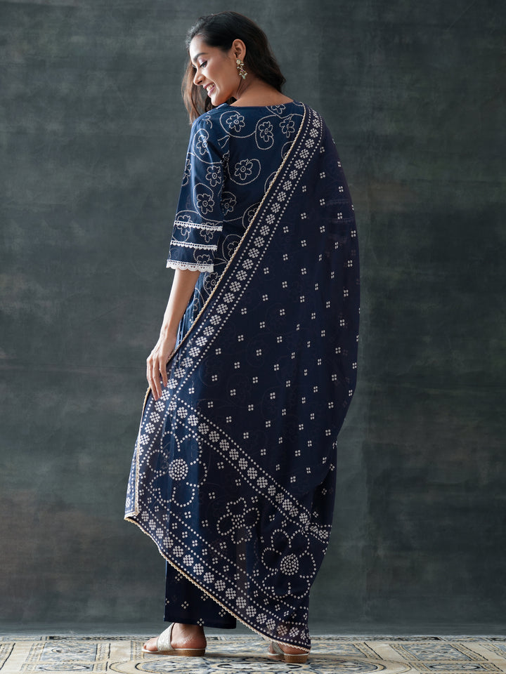 Blue Printed Cotton Straight Suit Set With Dupatta
