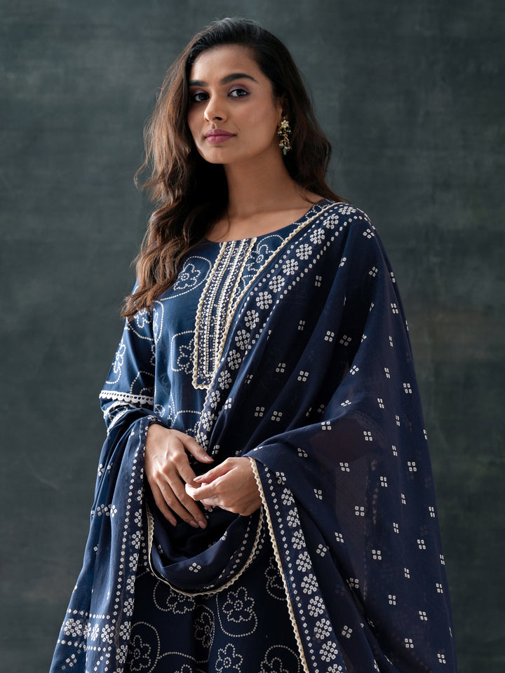 Blue Printed Cotton Straight Suit Set With Dupatta