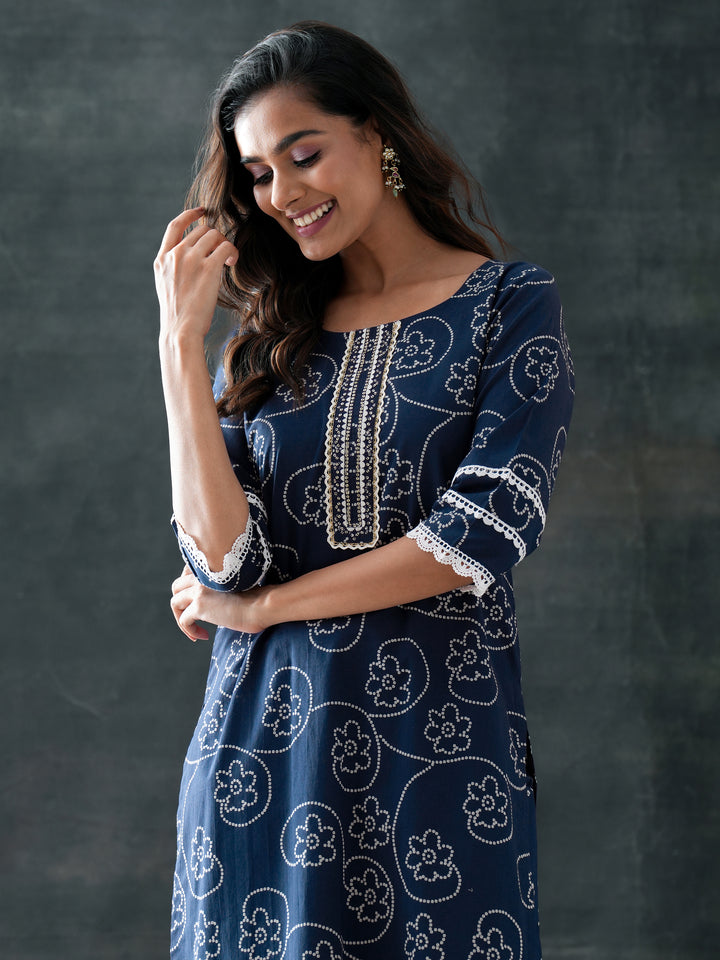 Blue Printed Cotton Straight Suit Set With Dupatta