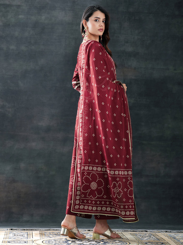 Maroon Printed Cotton Straight Suit Set With Dupatta