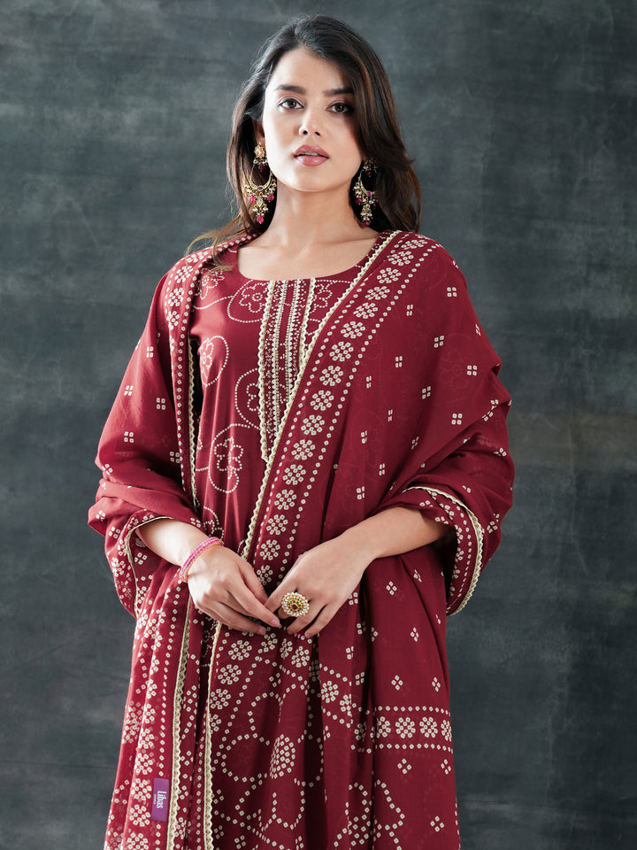 Maroon Printed Cotton Straight Suit Set With Dupatta