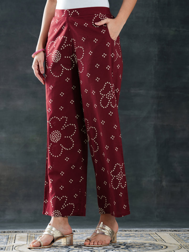 Maroon Printed Cotton Straight Suit Set With Dupatta