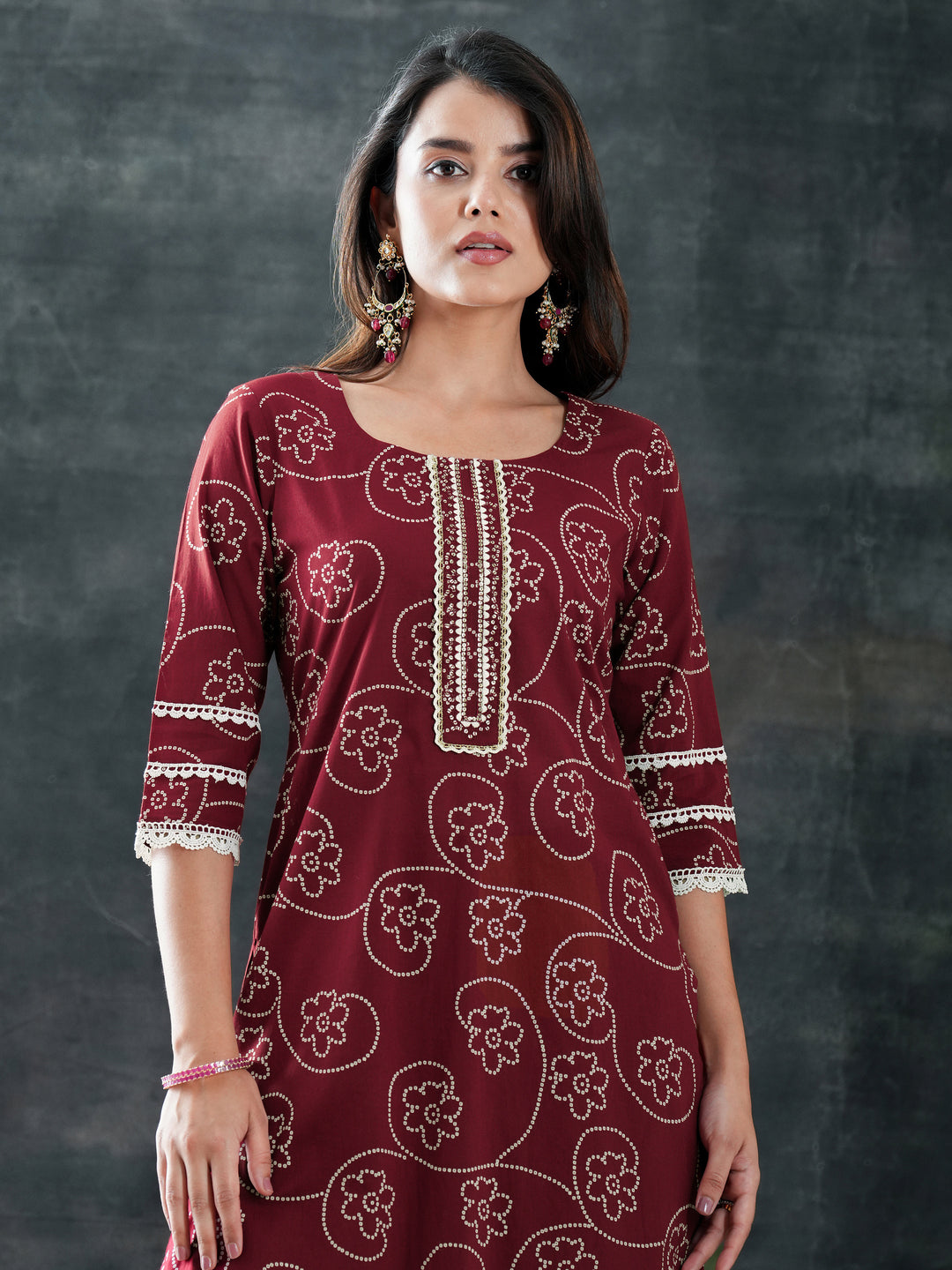 Maroon Printed Cotton Straight Suit Set With Dupatta