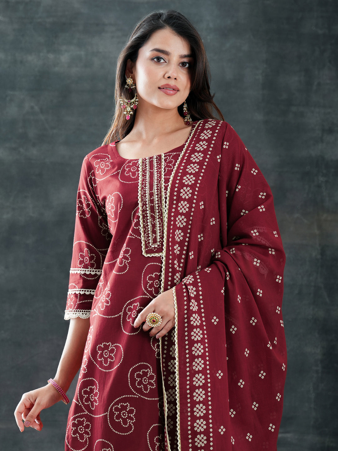 Maroon Printed Cotton Straight Suit Set With Dupatta