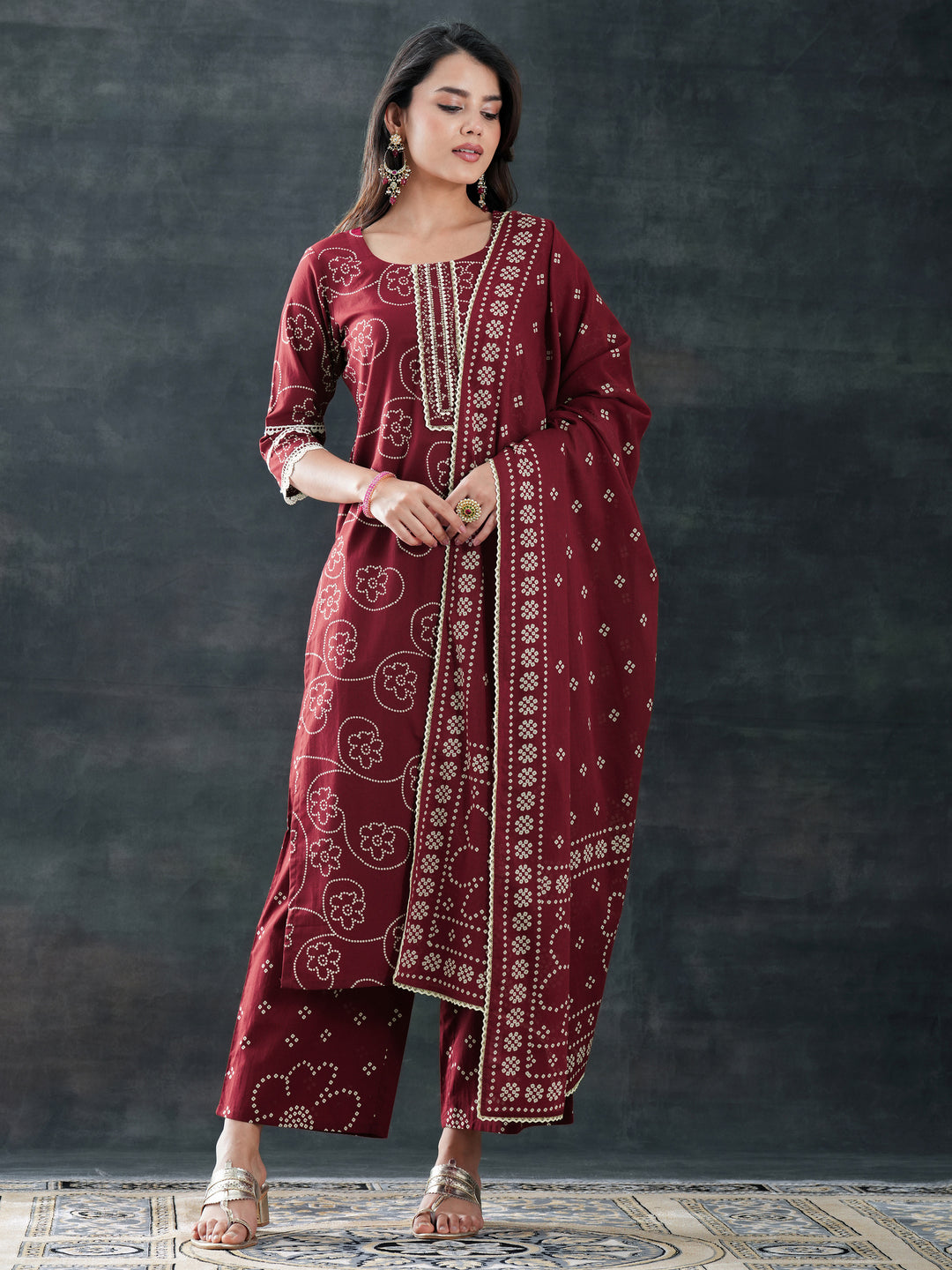 Maroon Printed Cotton Straight Suit Set With Dupatta