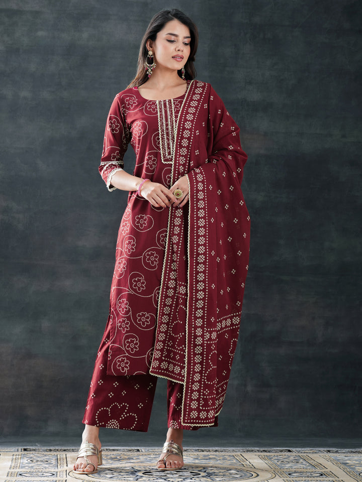 Maroon Printed Cotton Straight Suit Set With Dupatta