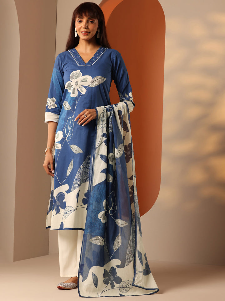Blue Printed Cotton Straight Suit Set With Dupatta