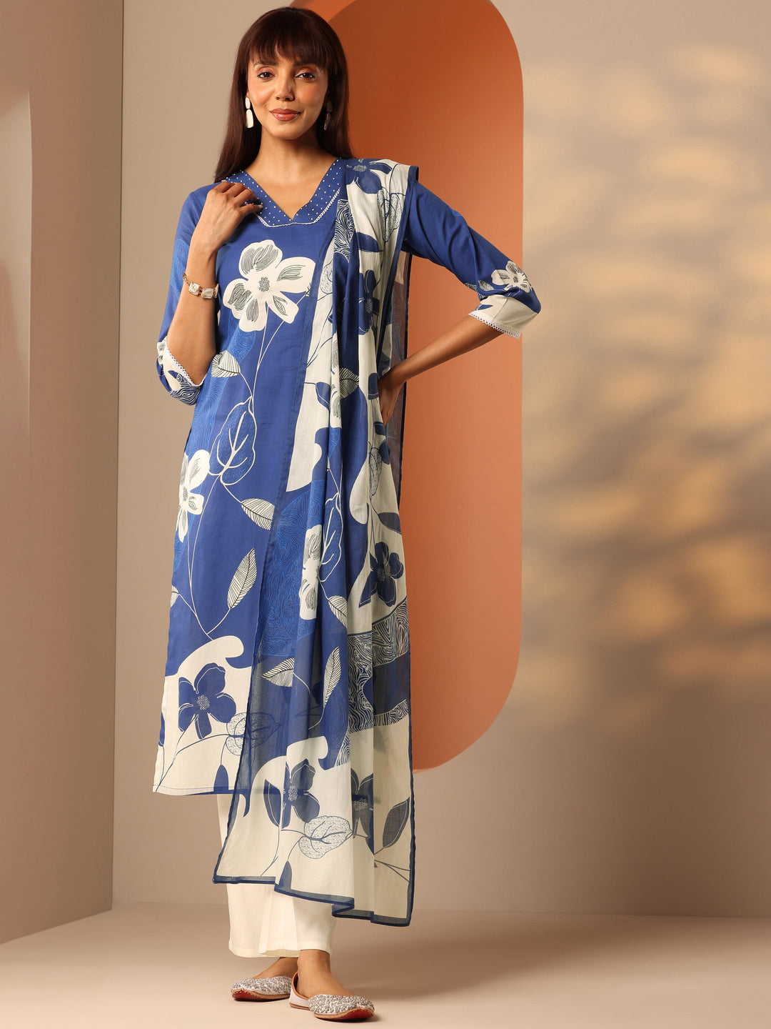 Blue Printed Cotton Straight Suit Set With Dupatta