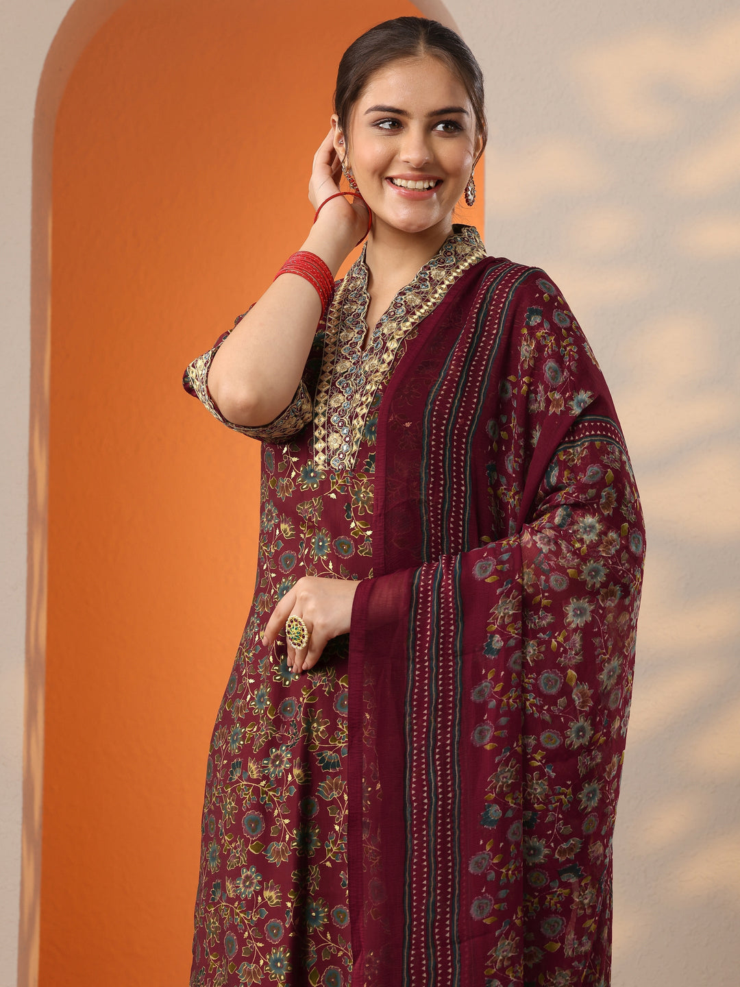Maroon Printed Silk Blend Straight Suit Set With Dupatta
