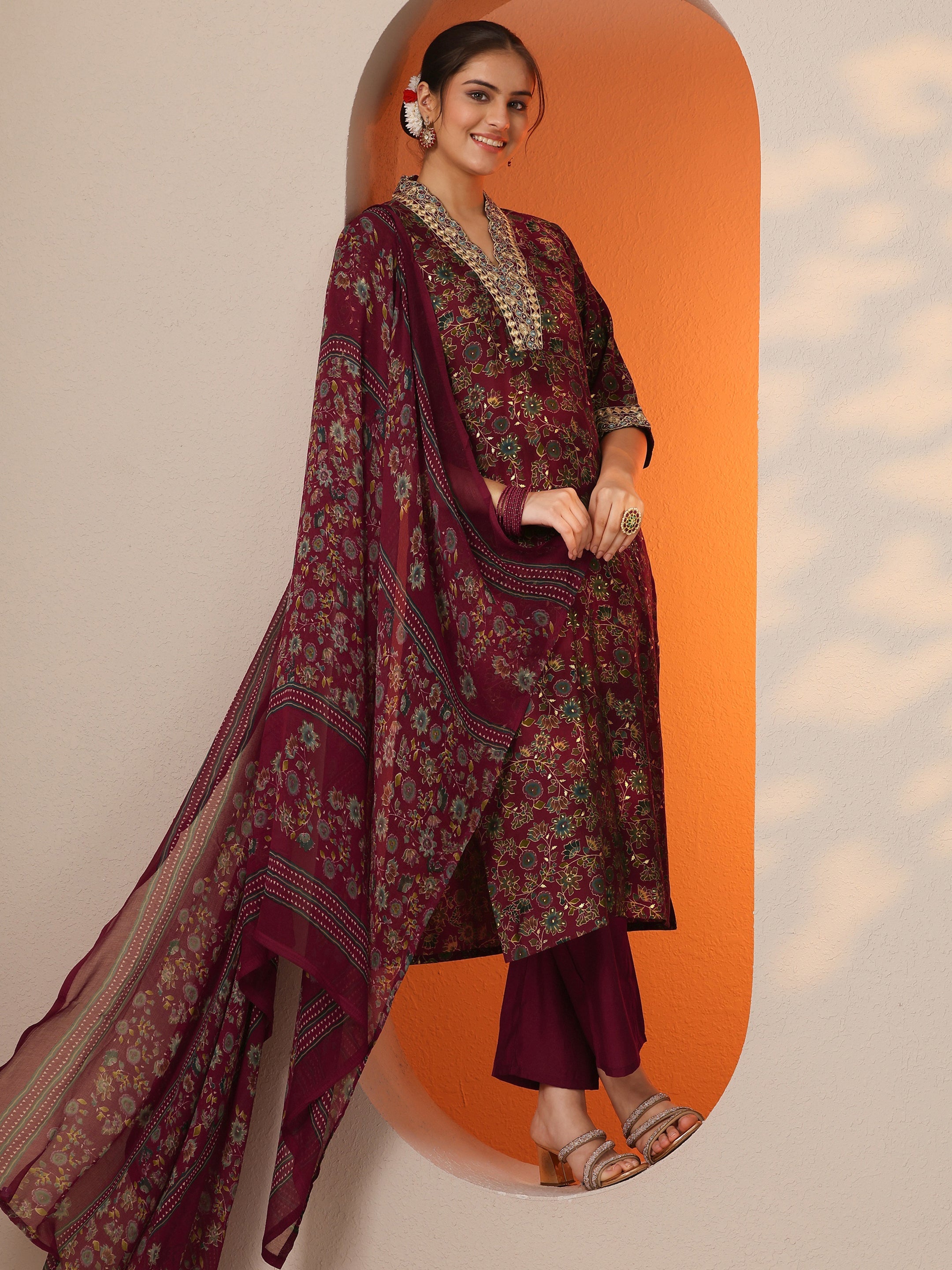 Brown Printed Silk Blend Straight Suit With Dupatta