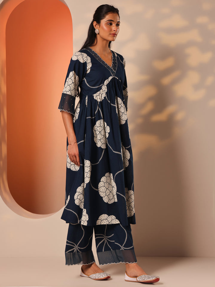 Blue Printed Cotton A-Line Suit Set With Dupatta