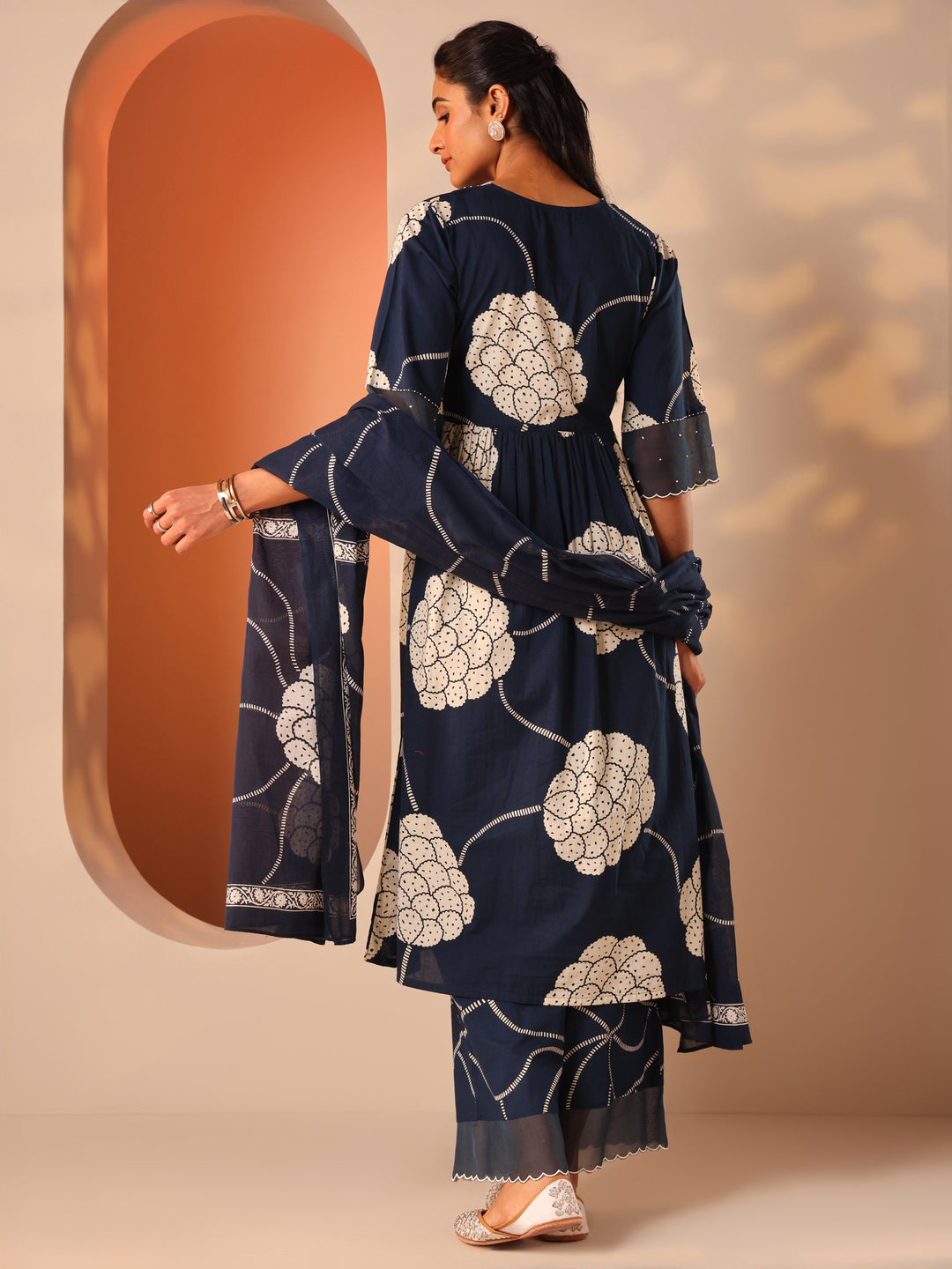 Blue Printed Cotton A-Line Suit Set With Dupatta