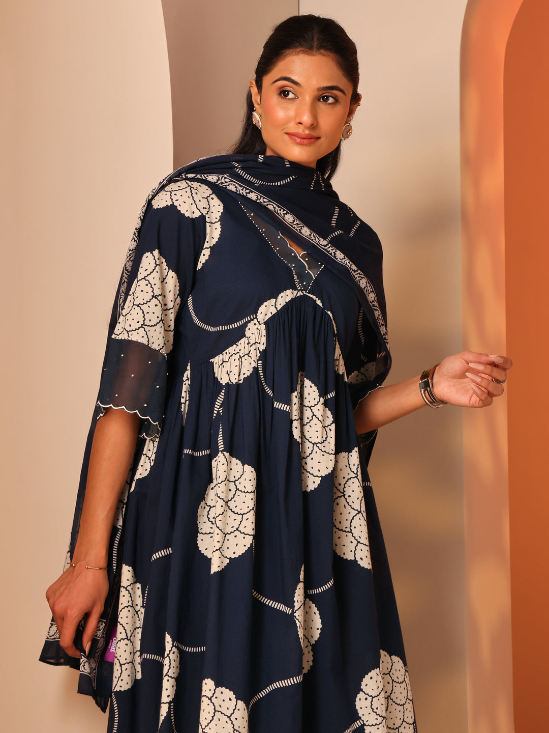 Blue Printed Cotton A-Line Suit Set With Dupatta