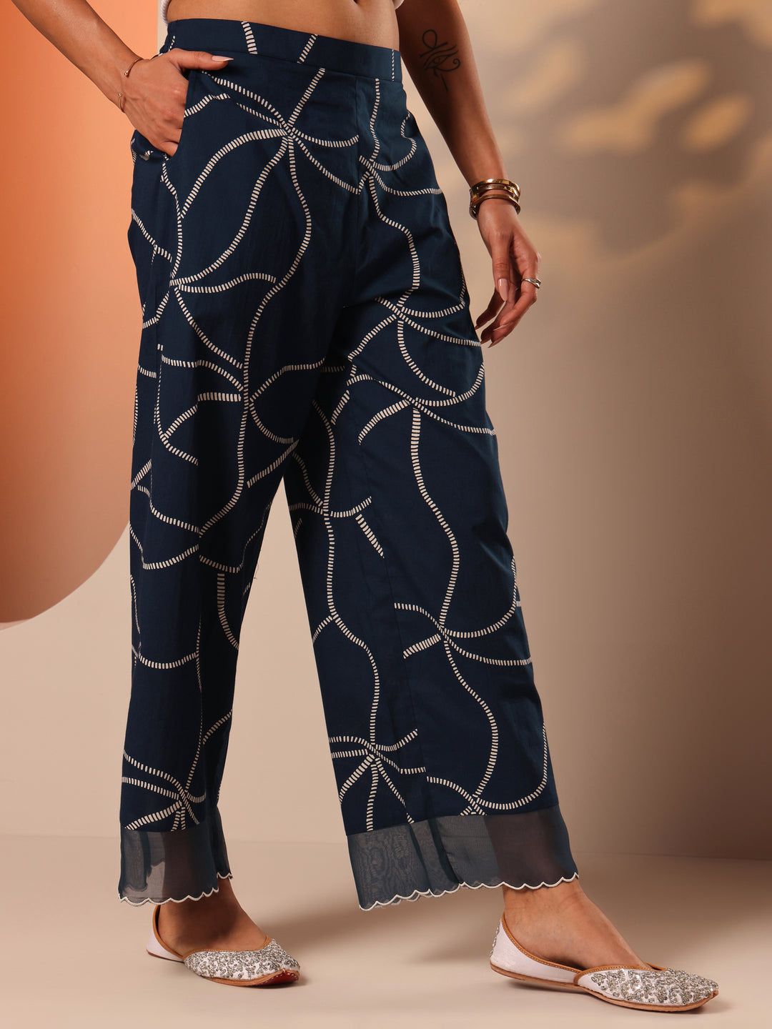 Blue Printed Cotton A-Line Suit Set With Dupatta