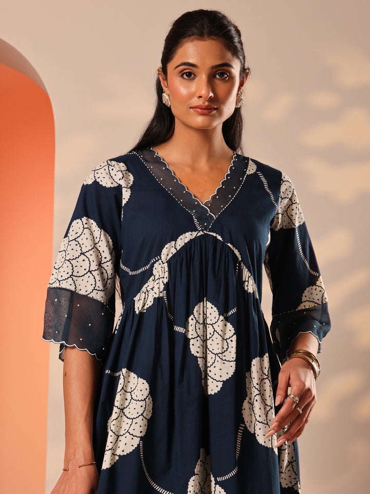 Blue Printed Cotton A-Line Suit Set With Dupatta