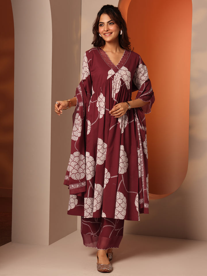 Maroon Printed Cotton A-Line Suit Set With Dupatta