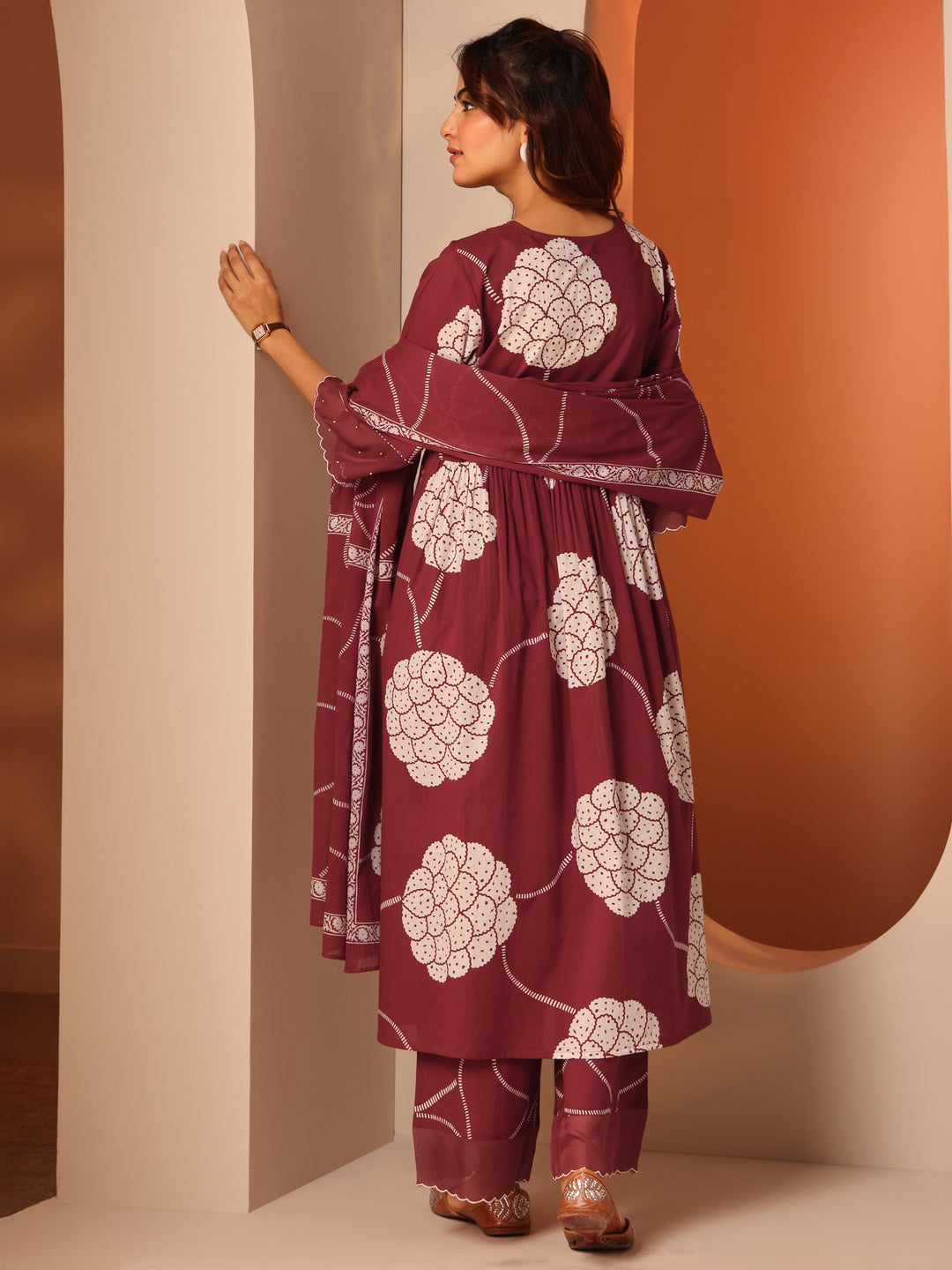 Maroon Printed Cotton A-Line Suit Set With Dupatta
