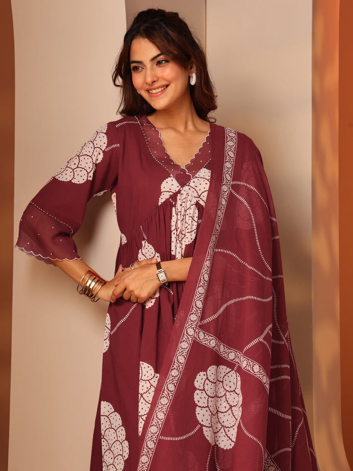Maroon Printed Cotton A-Line Suit Set With Dupatta