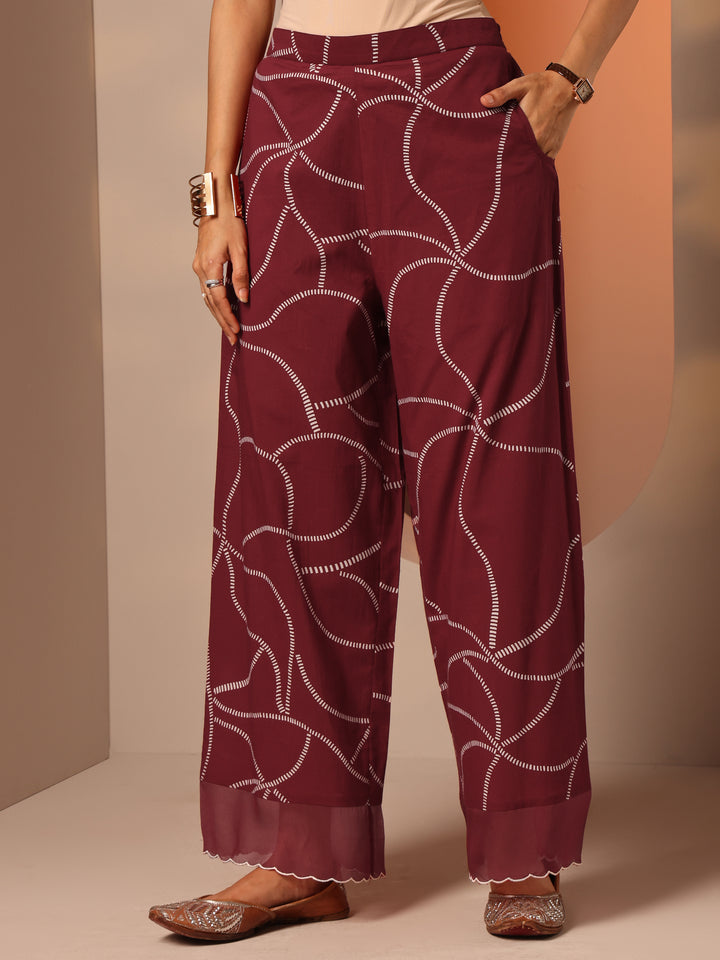 Maroon Printed Cotton A-Line Suit Set With Dupatta