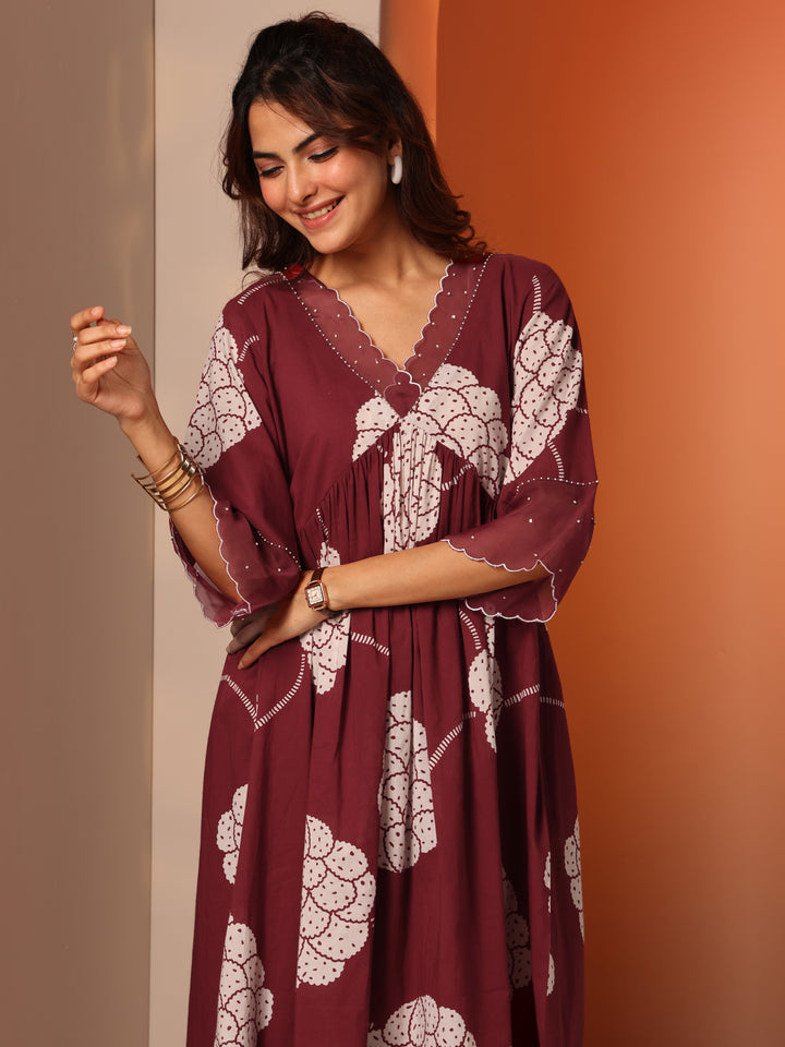 Maroon Printed Cotton A-Line Suit Set With Dupatta