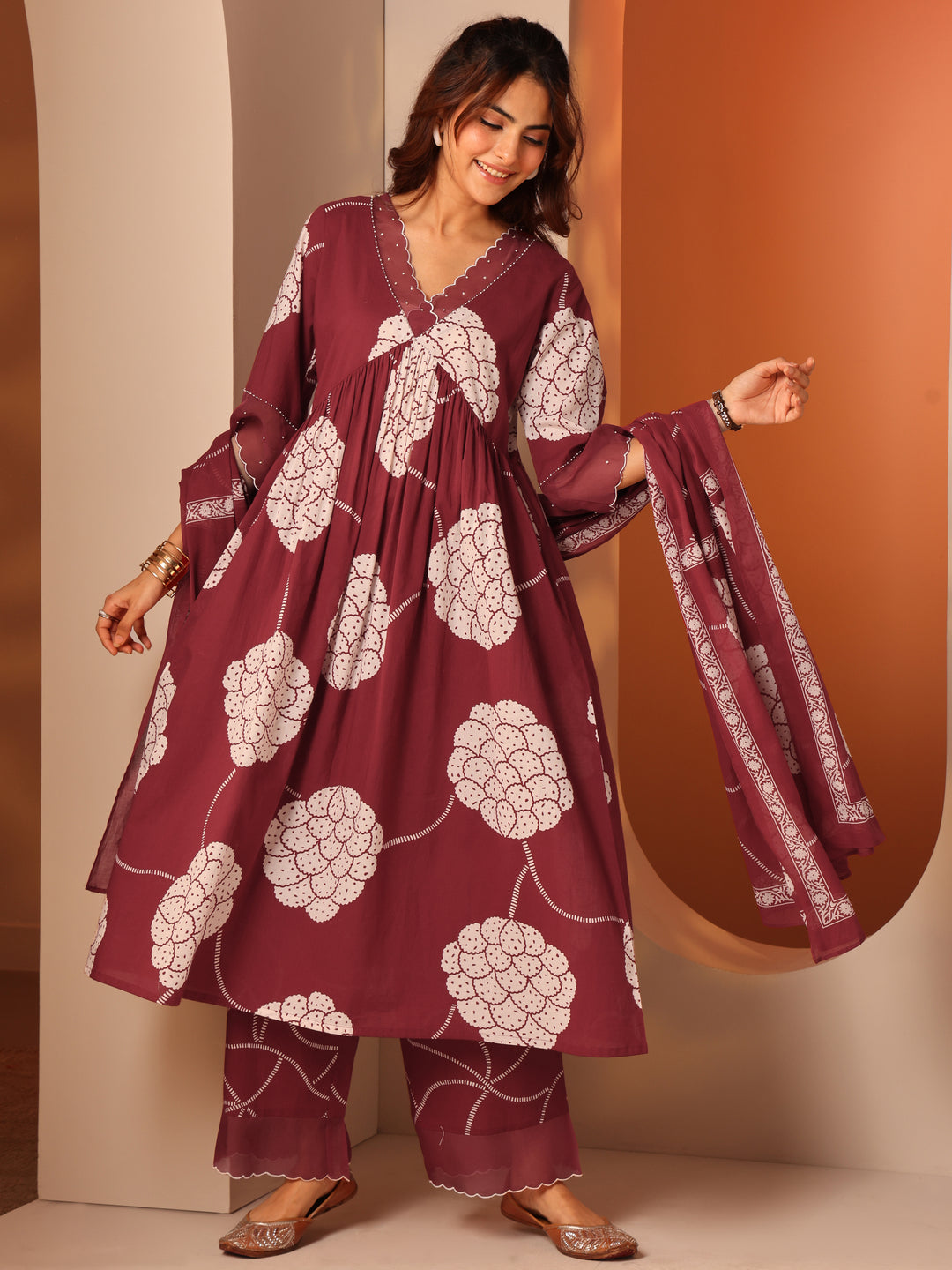 Maroon Printed Cotton A-Line Suit Set With Dupatta