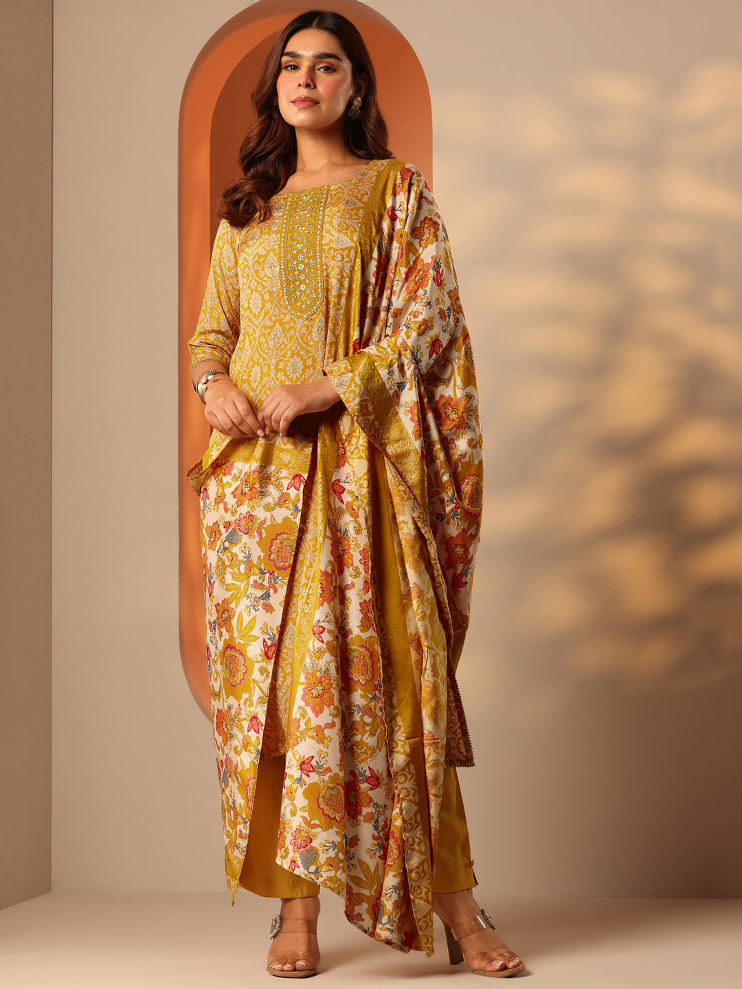 Mustard Printed Silk Blend Straight Suit Set With Dupatta
