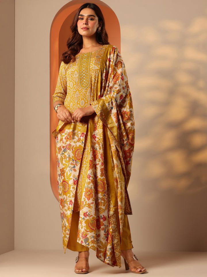 Mustard Printed Silk Blend Straight Suit Set With Dupatta