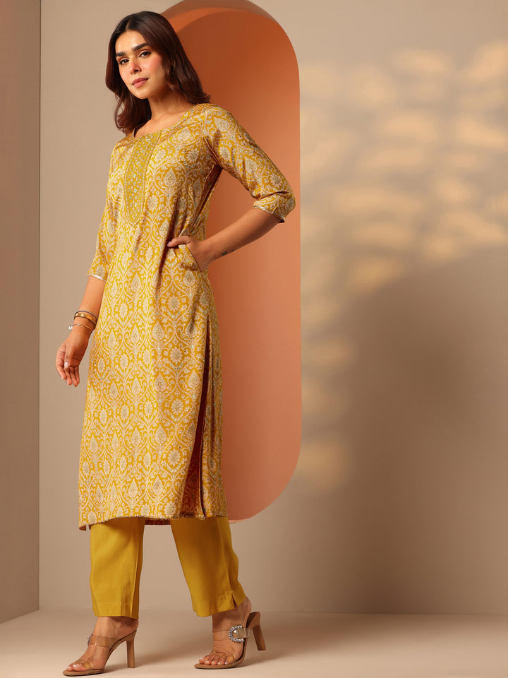 Mustard Printed Silk Blend Straight Suit Set With Dupatta