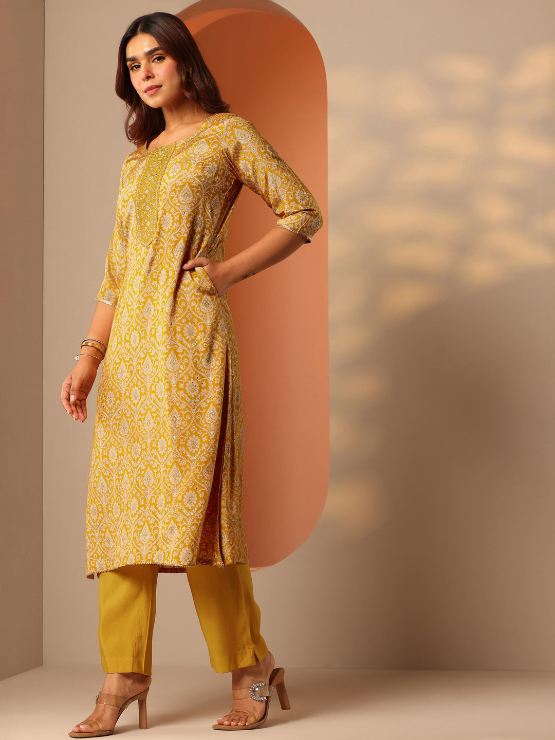 Mustard Printed Silk Blend Straight Suit Set With Dupatta