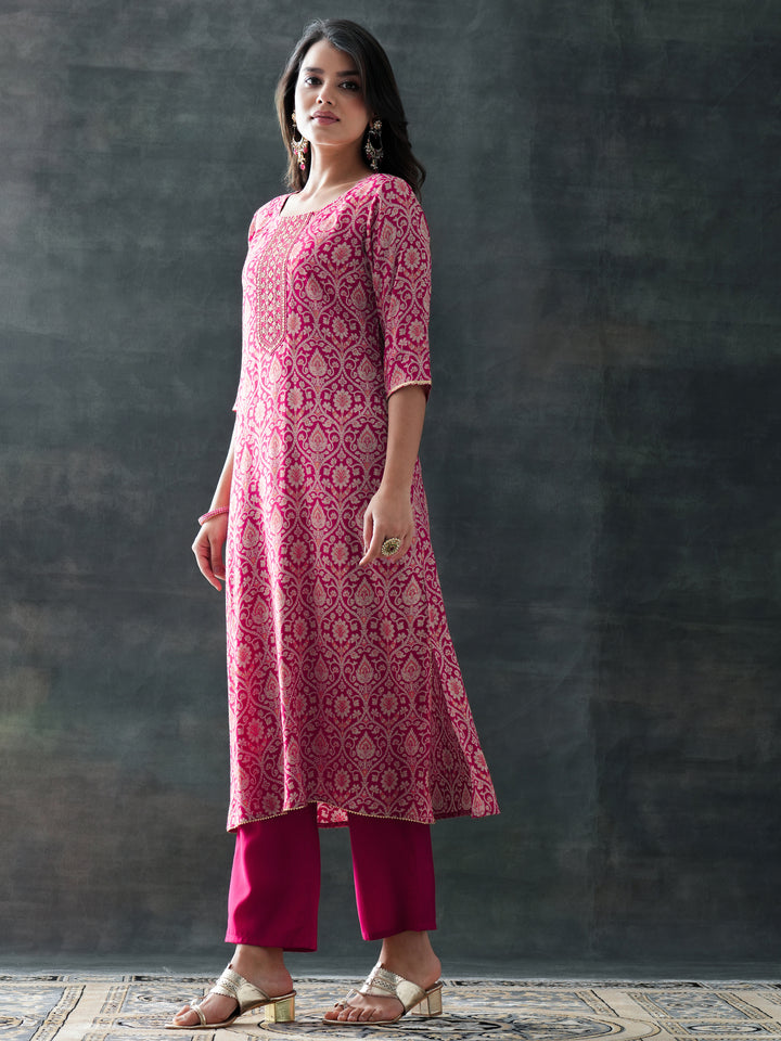 Pink Printed Silk Blend Straight Suit Set With Dupatta