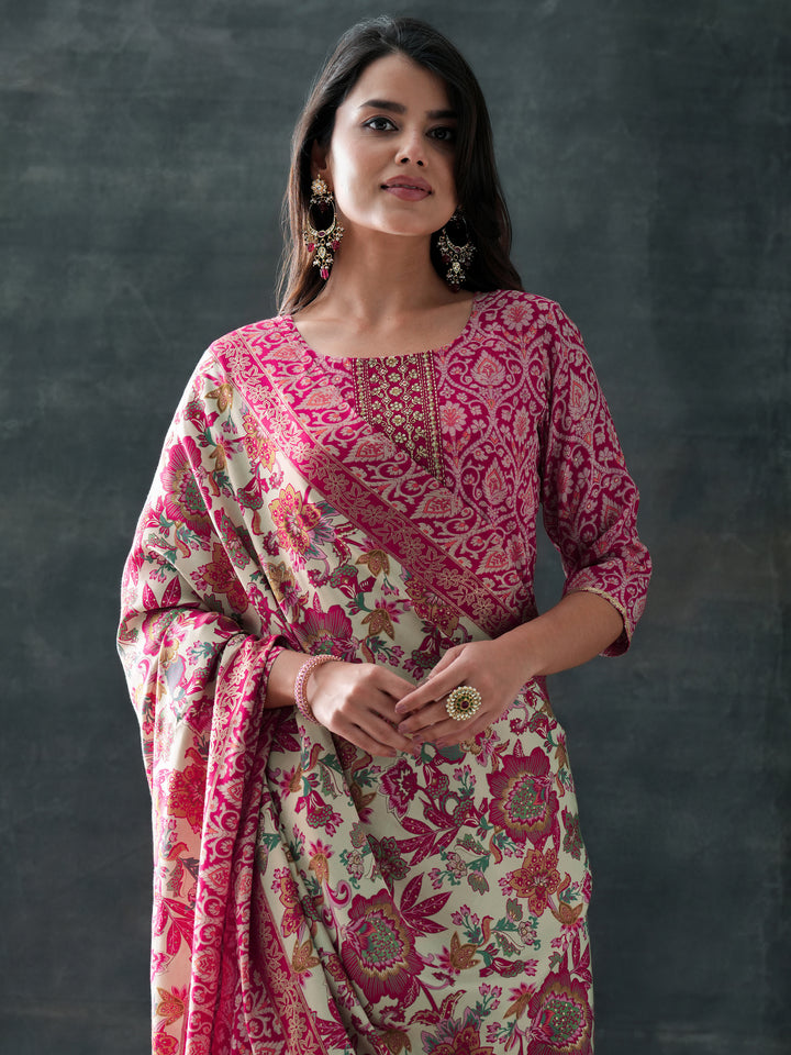 Pink Printed Silk Blend Straight Suit Set With Dupatta