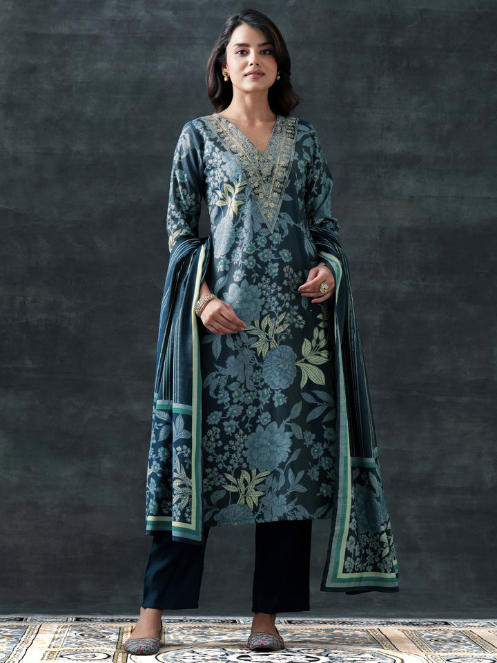 Blue Printed Silk Blend Straight Suit Set With Dupatta