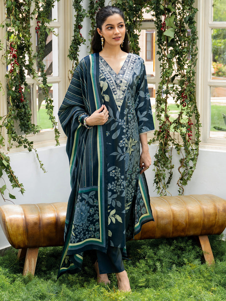 Blue Printed Silk Blend Straight Suit Set With Dupatta