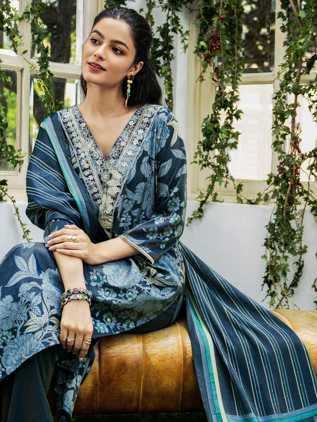 Blue Printed Silk Blend Straight Suit Set With Dupatta