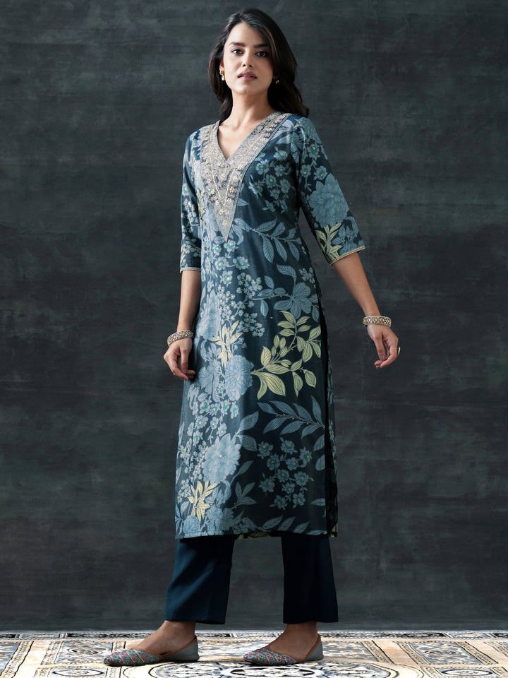 Blue Printed Silk Blend Straight Suit Set With Dupatta