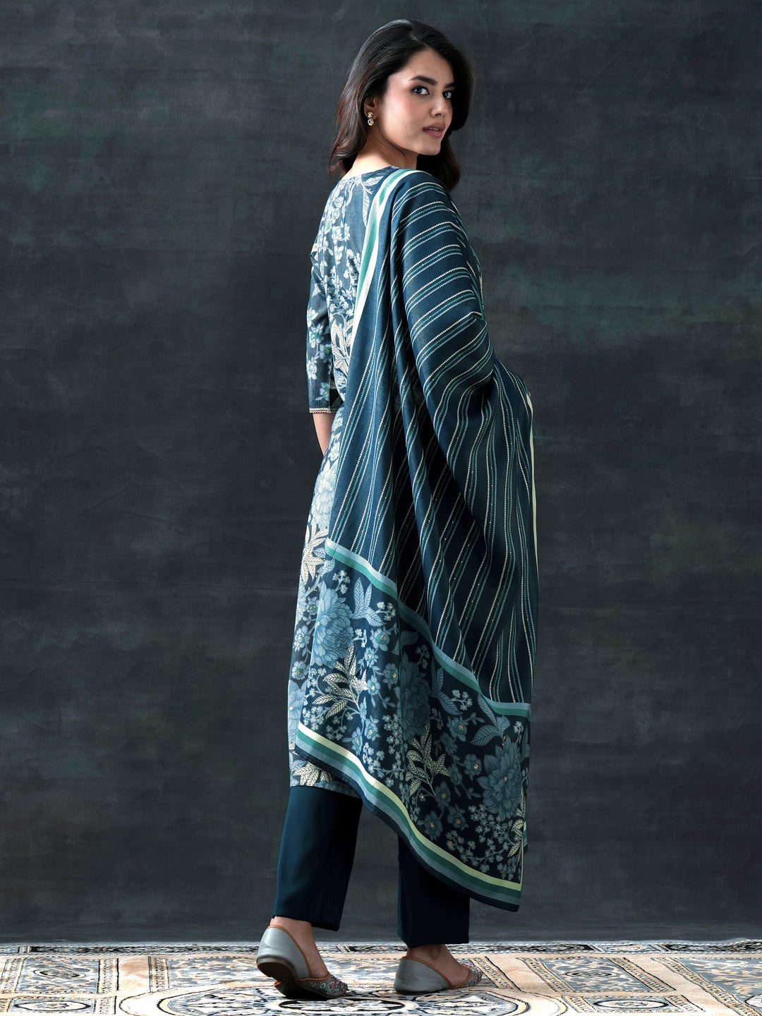 Blue Printed Silk Blend Straight Suit Set With Dupatta