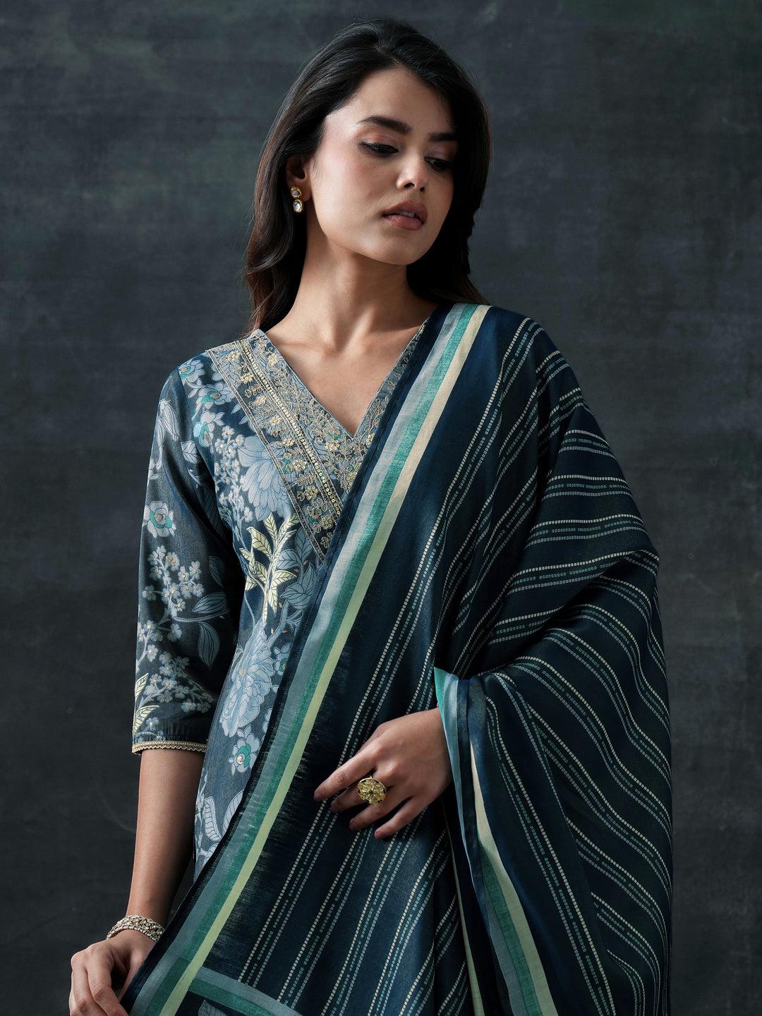 Blue Printed Silk Blend Straight Suit Set With Dupatta