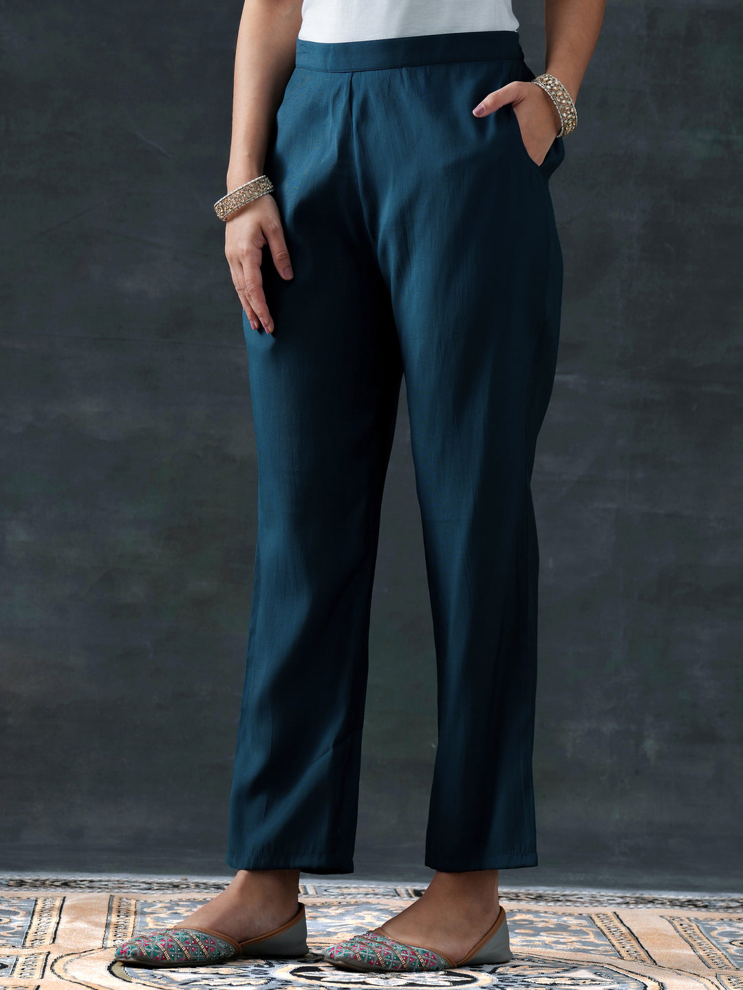 Blue Printed Silk Blend Straight Suit Set With Dupatta