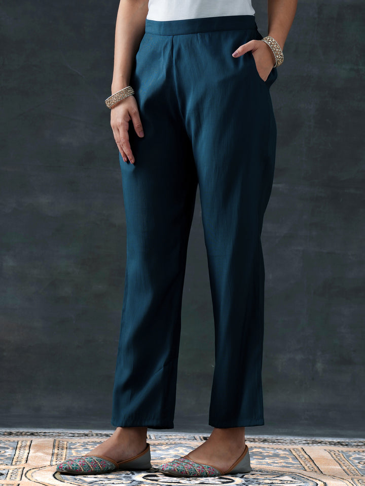 Blue Printed Silk Blend Straight Suit Set With Dupatta