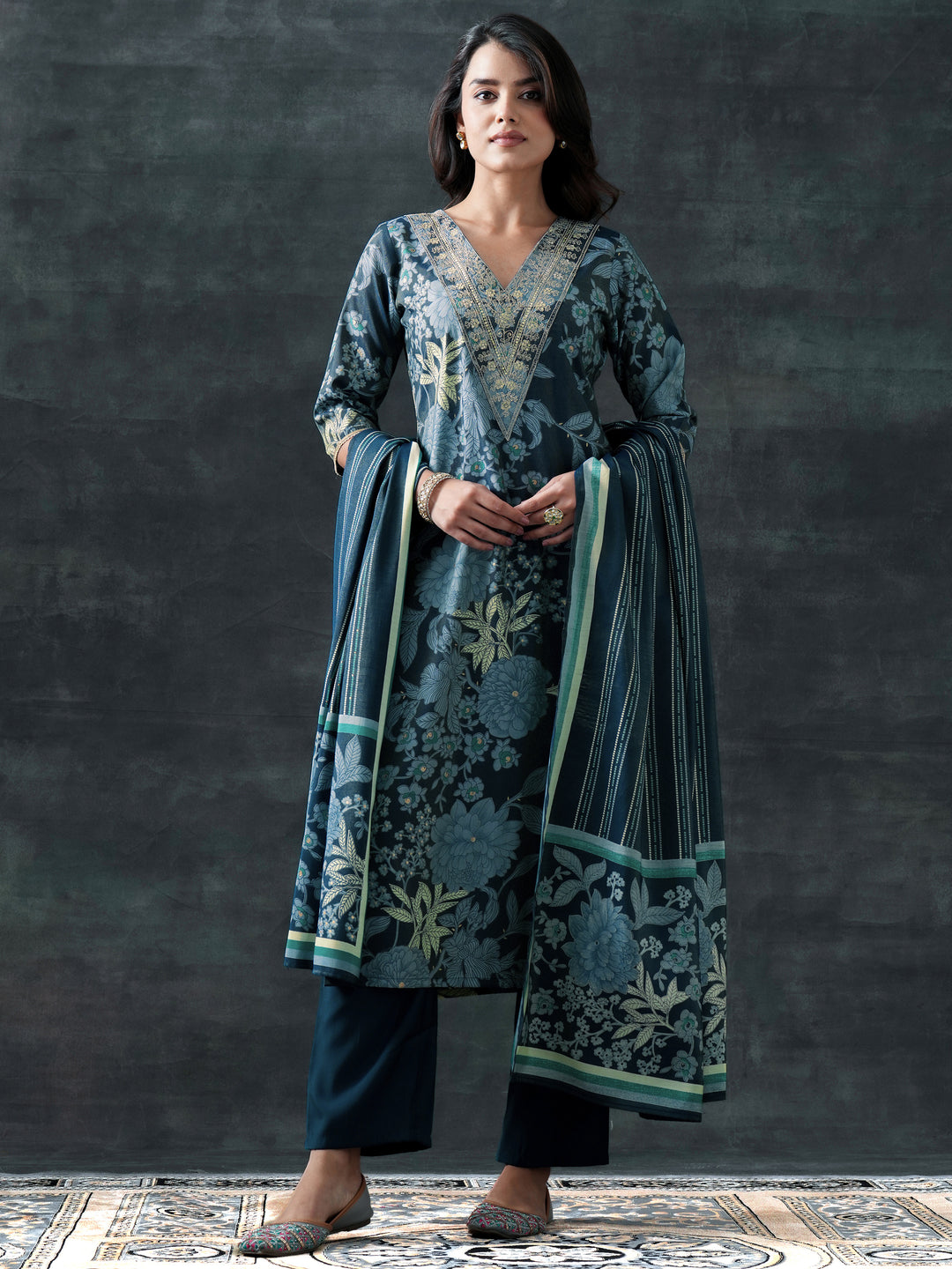 Blue Printed Silk Blend Straight Suit Set With Dupatta