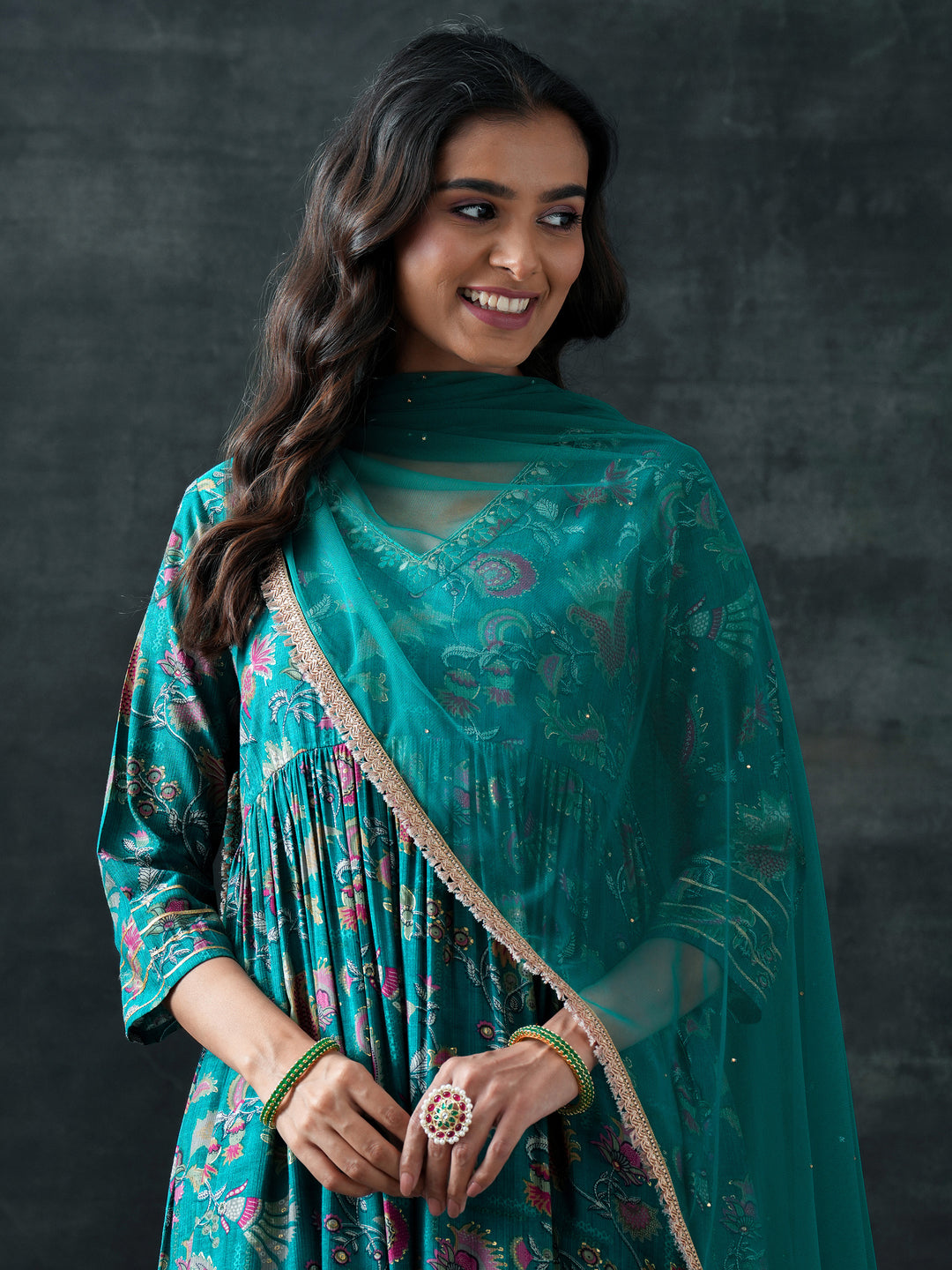 Teal Printed Silk Blend Anarkali Suit Set With Dupatta